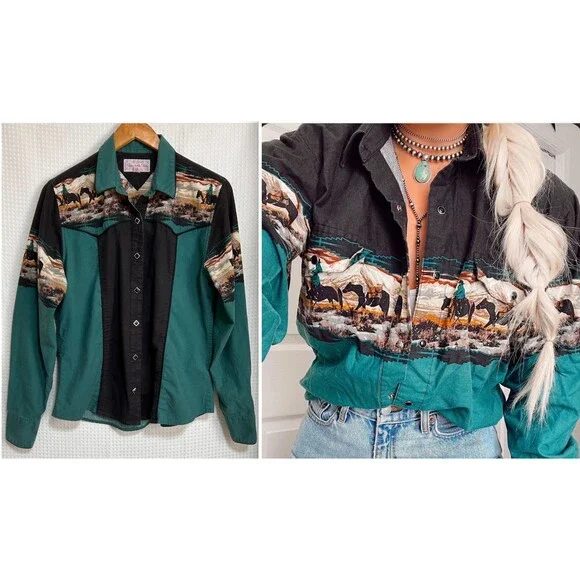 Vintage Panhandle Slim size M Pearl Snap Western Button Down Shirt Horses j - Picture 1 of 12